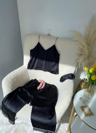 Чорна шовкова піжамка/комплект для дому, штани + топ на тоненьких бретелях + маска для обличчя