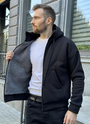 Кофта худи мужская теплая на молнии с капюшоном и воротником карманы кенгуру рукав и низ манжет ткань трехнить на флисе подклад мех тэдди