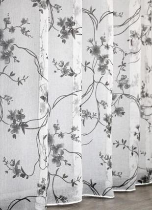 Вишуканий тюль батист "flora". колір білий з чорним2 фото