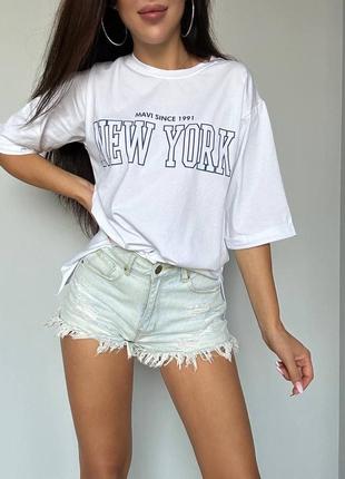 Широкая коттоновая прямая длинная футболка оверсайз накат надписьйский стиль new york9 фото