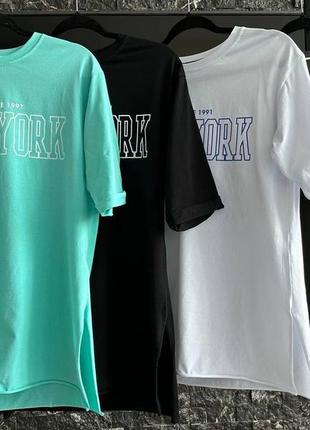 Широка котонова пряма довга футболка оверсайз накат надписамериканський стиль new york2 фото