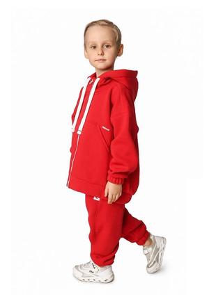 Костюм дитячий спортивний теплий, оверсайз толстовка на блискавці, штани, червоний для дівчинки хлопчика