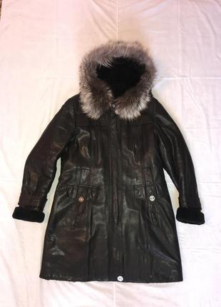 Натуральная дубленка курточка пальто на цигейке с капюшоном 3 xl
