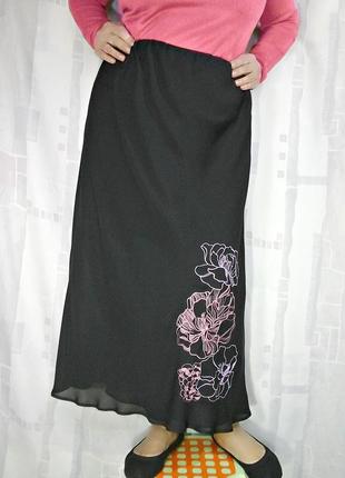 Черная шифоновая юбка с вышивкой, на подкладке