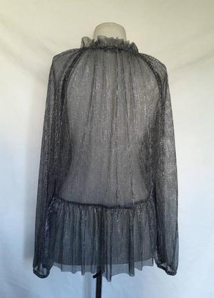 Женская нарядная ​​легкая летняя прозрачная блуза блестящая серебристая блузка объемный рукав2 фото