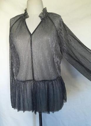 Женская нарядная ​​легкая летняя прозрачная блуза блестящая серебристая блузка объемный рукав5 фото