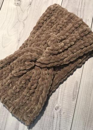 Велюрова повязочка, бежева пов'язка вузол чалма велюр оксамит