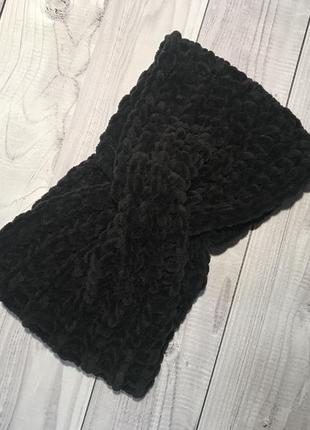 Велюровая чёрная повязка чалма, зимняя повязочка тёплая чёрная