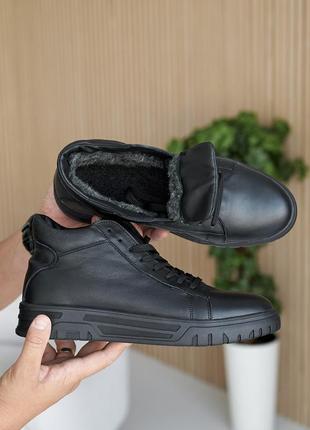 Стильні чорні зимові кросівки чоловічі,напів черевики,підкладка шерсть,шкіряні/шкіра-чоловіче взуття5 фото