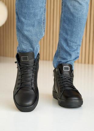 Стильные черные зимние кеды, кроссовки мужские,ботинки зимние, кожаные/кожа-мужская обувь на зиму20243 фото