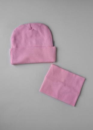 Осіння двошарова шапочка зі снудом з хамутом рубчик рожева сіра чорна3 фото
