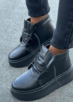 Стильные женские ботинки на платформе натуральная кожа шнуровка цвет черный размер 41 (26,5 см) (50651)