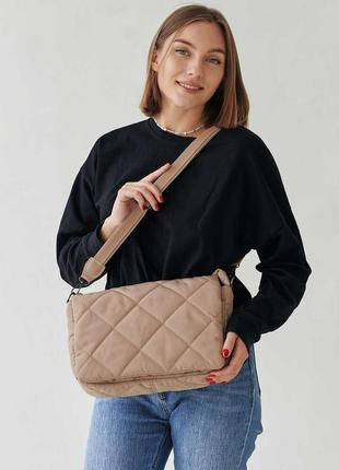 Женская сумка бежевая сумка нейлоновая сумка пуховик сумка подушка стеганная сумка