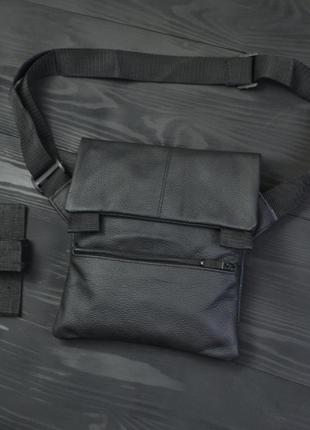 Тактична шкіряна сумка з кобурою, чоловічий месенджер, барсетка — чорний слінг, чоловіча сумка через плече шкіра1 фото