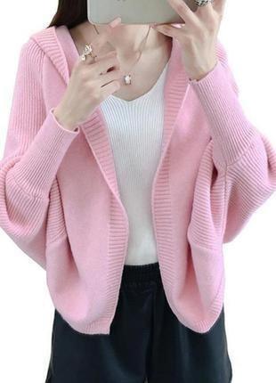 В'язаний рожевий кардиган. розовая кофта/ накидка/ пончо рукав летучая мышь. с-хл