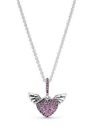 Серебряное ожерелье pandora сердце с паве и крыльями ангела 398505c02