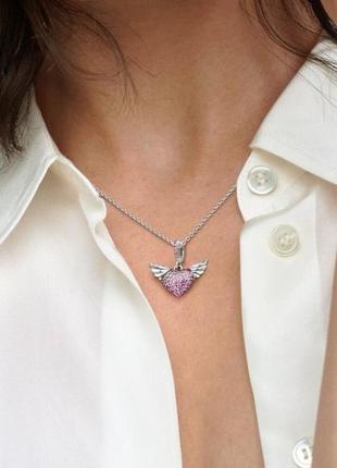 Серебряное ожерелье pandora сердце с паве и крыльями ангела 398505c02