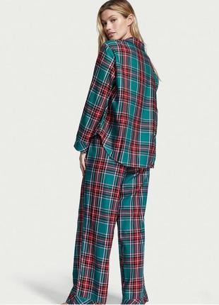 Жіноча піжама костюм для дому сорочка штани victoria's secret зеленого кольору в клітинку long матеріал фланель2 фото