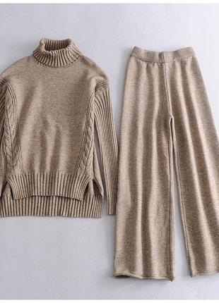 В‘язаний коричневий костюм оверсайз гольф+ штани палаццо