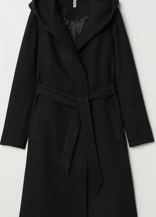 Пальто шерсть h&m теплая s-m осень зима с капюшоном под пояс hm 3128788wt2 фото