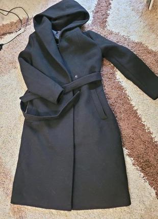 Пальто шерсть h&m теплая s-m осень зима с капюшоном под пояс hm 3128788wt6 фото