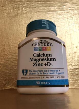 Кальций, магний, цинк + д3, calcium magnesium zinc + d3, 21st century, 90 таблеток