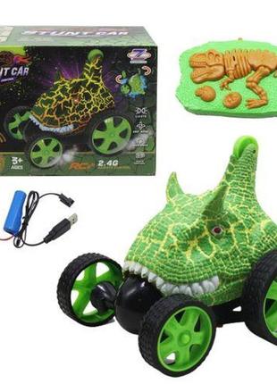 Детская машинка-перевертыш динозавр  на пульту со световыми эффектами, зеленая
