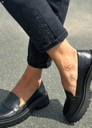 Женские лоферы стильные натуральная кожа цвет черный размер 38 (24,5 см) (49553)