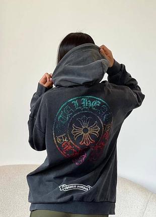Худі в стилі chrome hearts графіт виварений з капюшоном стразами