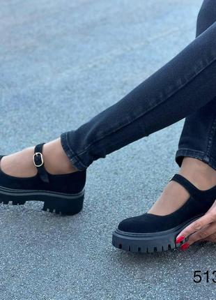Жіночі натуральні замшеві туфлі чорного кольору, шкіряні жіночі туфлі з ремінцем7 фото