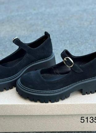 Жіночі натуральні замшеві туфлі чорного кольору, шкіряні жіночі туфлі з ремінцем3 фото