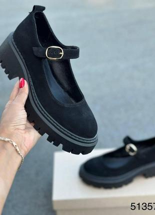 Жіночі натуральні замшеві туфлі чорного кольору, шкіряні жіночі туфлі з ремінцем2 фото