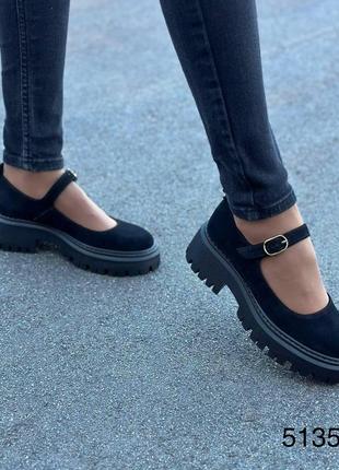 Жіночі натуральні замшеві туфлі чорного кольору, шкіряні жіночі туфлі з ремінцем4 фото
