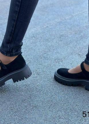 Жіночі натуральні замшеві туфлі чорного кольору, шкіряні жіночі туфлі з ремінцем5 фото