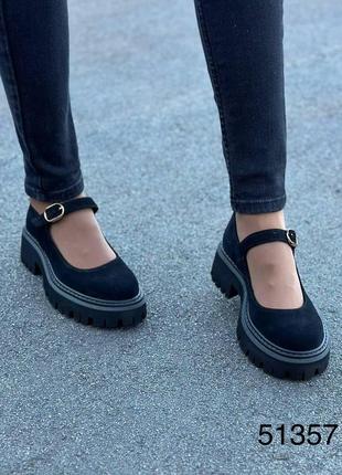 Жіночі натуральні замшеві туфлі чорного кольору, шкіряні жіночі туфлі з ремінцем6 фото