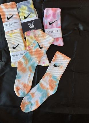 Набор комплект 6 пар, носки высокие, найк, тай дай, tie dye, кастомные, nike, разноцветные, женские, мужские, подростковые