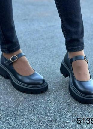 Жіночі натуральні шкіряні туфлі чорного кольору, шкіряні жіночі туфлі з ремінцем4 фото