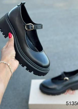 Жіночі натуральні шкіряні туфлі чорного кольору, шкіряні жіночі туфлі з ремінцем2 фото