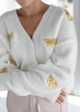 Кардиган свитер шерсть плетения пуговицы кардиган вязаный на пуговицах принт лимон кофта длинный рукав короткий оверсайз свободный5 фото