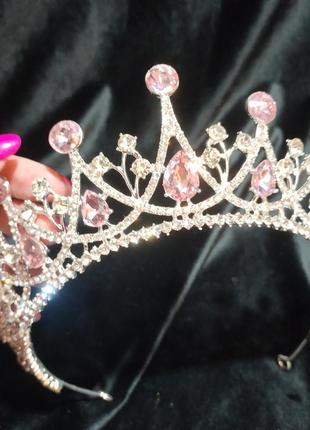 Диадема высокая с кристаллами сваровски, корона, розовые камни