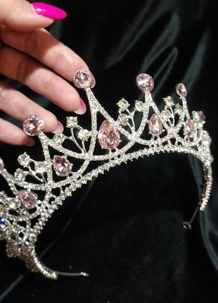 Диадема высокая с кристаллами сваровски, корона, розовые камни