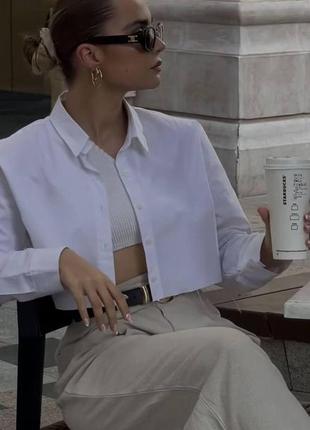 Женская укороченная рубашка, на пуговицах, стильная, белая2 фото