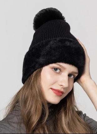 Черная шапка с искусственным мехом для женщины/девушка/подростка