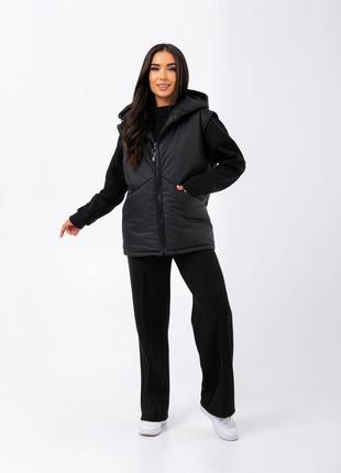 Стильний жіночий теплий спортивний костюм, теплий костюм-трійка чорного кольору
