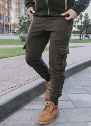 Мужские штаны карго на флисе хаки4 фото