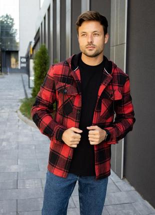 Рубашка мужская в клетку теплая woodstock красная | клетчатая рубашка байка с капюшоном зимняя4 фото