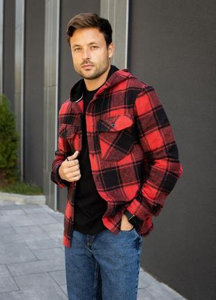 Рубашка мужская в клетку теплая woodstock красная | клетчатая рубашка байка с капюшоном зимняя2 фото