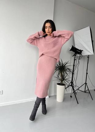 Шикарный тёплый вязаный костюм юбка миди карандаш свитер кофта джемпер туника блуза зелёный розовый пудровый чёрный коричневый серый  шерстяной