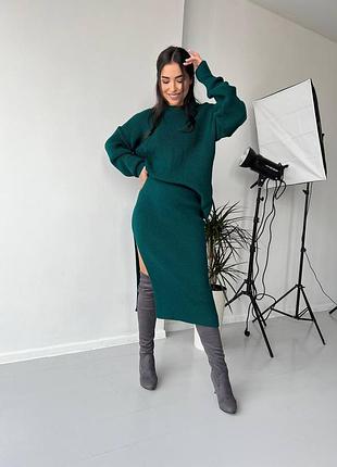 Шикарный тёплый вязаный костюм юбка миди карандаш свитер кофта джемпер туника блуза зелёный розовый пудровый чёрный коричневый серый  шерстяной