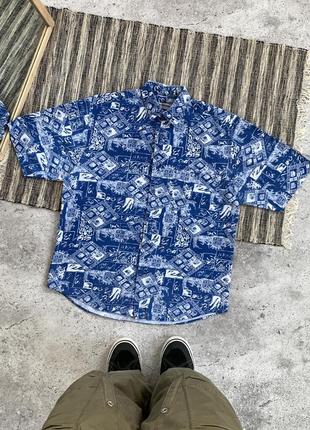 Vintage hawaiian shirt вінтаж чоловіча рубашка теніска з коротким рукавом гавайка синя з принтом сорочка мерч mambo розмір l